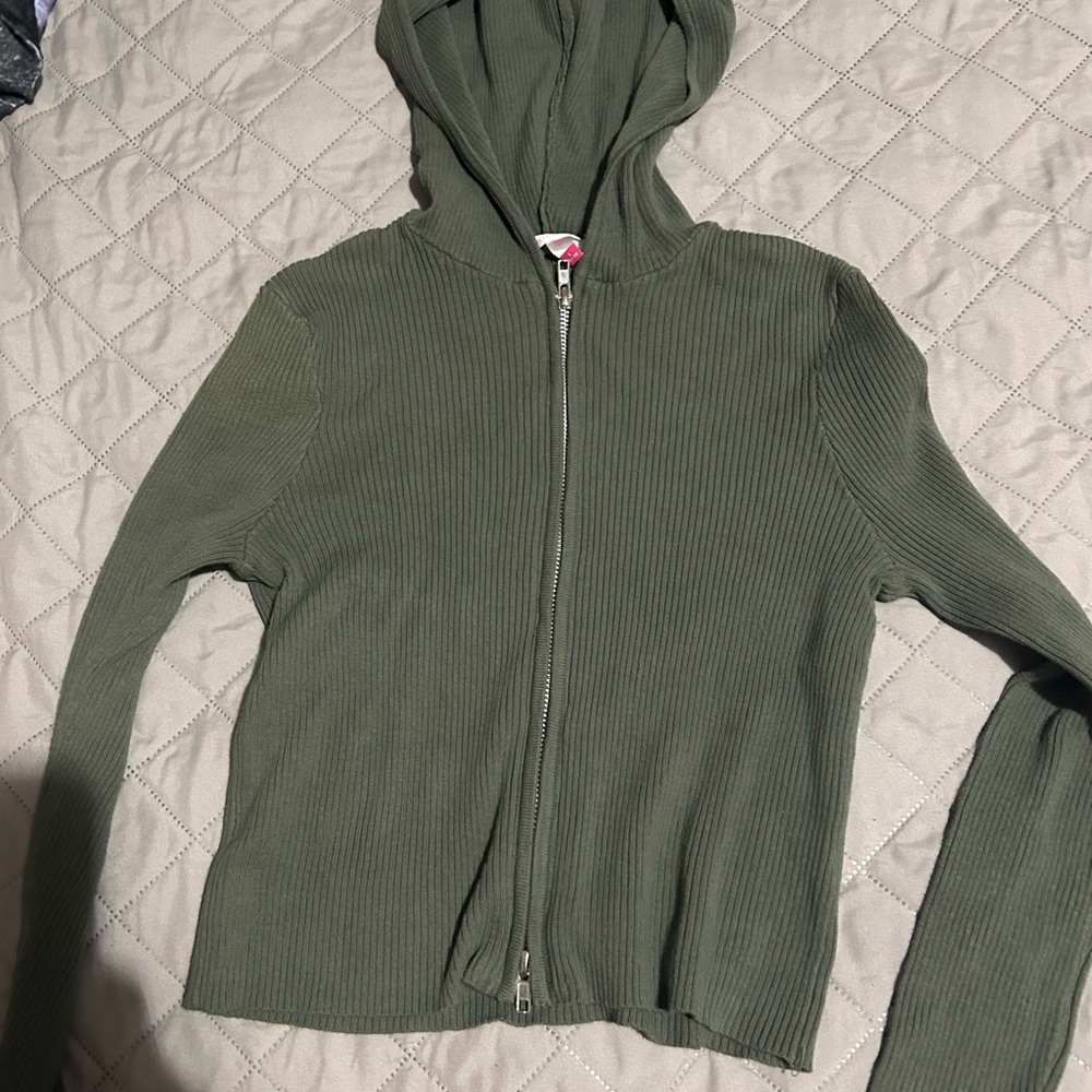 Green Ribbed Zip-Up Hoodie